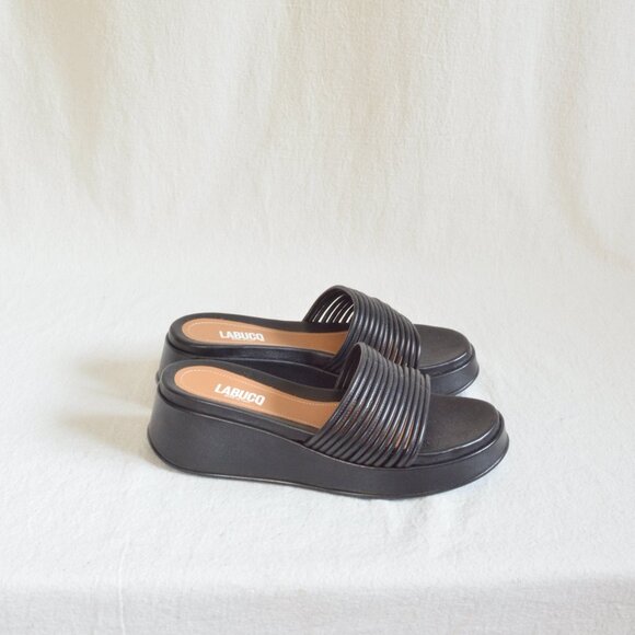 Labucq Shoes - Labucq black Caye Nappa Leather Corded Vamp Platform Wedge Slide Sandal size 39